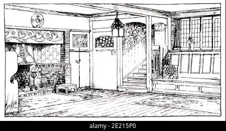 An Artist’s House, hallway interior, drawing by architect  M H Baillie Scott from 1897 The Studio an Illustrated Magazine of Fine and Applied Art Stock Photo