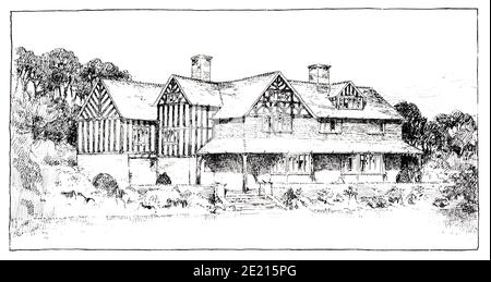 An Artist’s House, front elevation, drawing by architect  M H Baillie Scott from 1897 The Studio an Illustrated Magazine of Fine and Applied Art Stock Photo