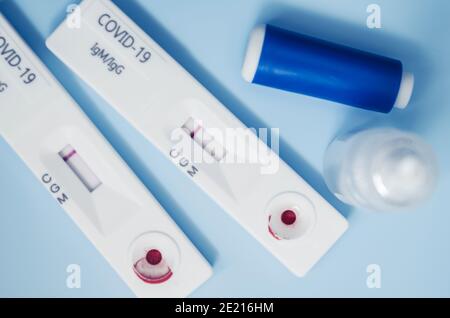 Two Negative Results Coronavirus Covid19 IgM IgG Cassette Blood Tests. Pandemic Time Patients Testing. Stock Photo