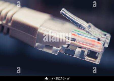 Networking Theme. RJ45 Ethernet Cable Close Up. Connecting Devices Into Internet Network. Stock Photo