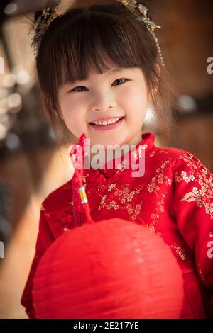 Cute girl with red lanterns Stock Photo