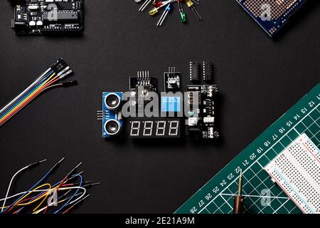 Overhead Flat Lay Shot Of Electronic Computer Components On Black Background Stock Photo