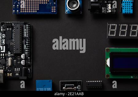 Overhead Flat Lay Shot Of Electronic Computer Components On Black Background Stock Photo