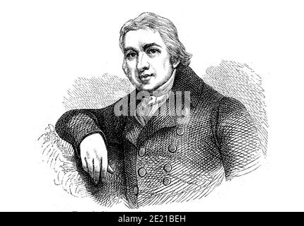 Edward Jenner, , 17 May 1749 - 26 January 1823, an English physician and scientist who pioneered the concept of vaccines including creating the smallpox vaccine  /  Edward Anthony Jenner, 17. Mai 1749 - 26. Januar 1823, ein englischer Landarzt, der die moderne Schutzimpfung gegen Pocken entwickelte, Historisch, historical, digital improved reproduction of an original from the 19th century / digitale Reproduktion einer Originalvorlage aus dem 19. Jahrhundert Stock Photo