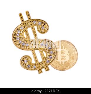 Shiny Gold dollar sign Shiny Gold dollar sign and physical Bitcoin coin isolated on white background. Stock Photo