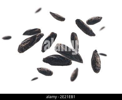Roasted rye malt grains levitate on a white background Stock Photo