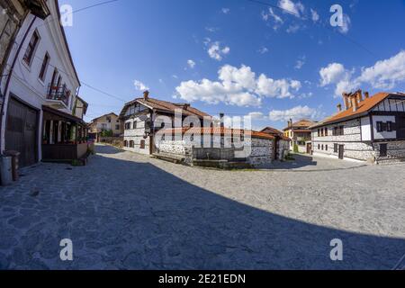 Spherical view of the square and the street in Bansko old town with it's authentic stone houses in Bulgarian ski resort. Stock Photo