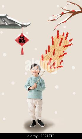 The little boy carrying ice-sugar gourd Stock Photo