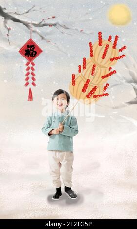 The little boy carrying ice-sugar gourd Stock Photo