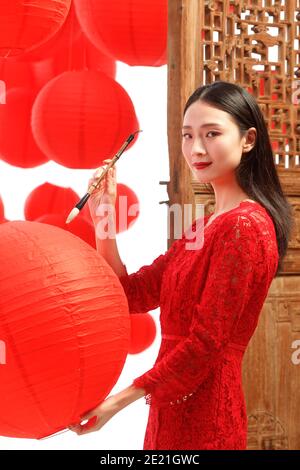 The beautiful women and red lanterns Stock Photo