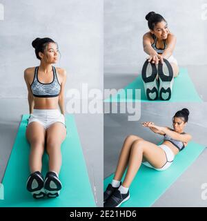 collage of african american woman doing seated forward bend, abs exercise, and sitting on fitness mat at home Stock Photo