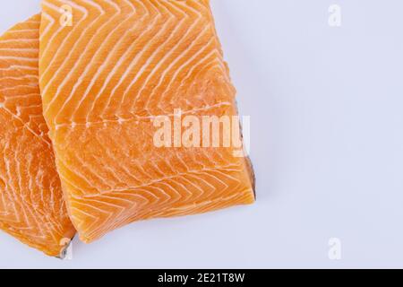 Two fillets raw salmon on isolated white background Stock Photo