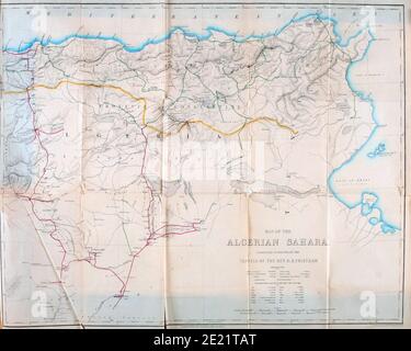 Ancient Map of the Algerian Sahara From the Book ' Great Sahara: wanderings south of the Atlas Mountains. ' by Tristram, H. B. (Henry Baker),  Published by J. Murray in London in 1860 Stock Photo