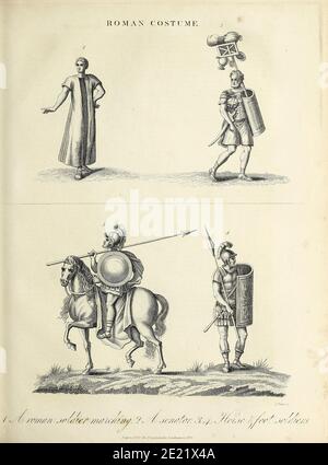 Costumes of a Roman Senator [top left] and Roman soldiers Copperplate engraving From the Encyclopaedia Londinensis or, Universal dictionary of arts, sciences, and literature; Volume XXII;  Edited by Wilkes, John. Published in London in 1827 Stock Photo