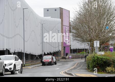 Yeovil, Somerset, UK.  11th January 2020.  General view of the multi-storey car park at Yeovil District Hospital in Somerset which can cost up to 12.50 to park for the day.  The hospital is one of the NHS sites currently administering the Covid-19 vaccine jabs.  Picture Credit: Graham Hunt/Alamy Live News Stock Photo