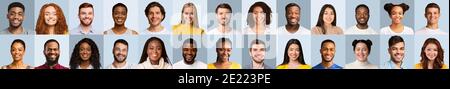 Range Of Diverse People Faces In Collage Over Blue Backgrounds Stock Photo