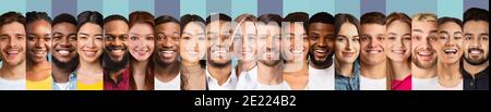 Row Of Multiethnic Ladies And Men Portraits On Colorful Backgrounds Stock Photo