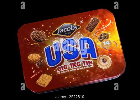 A tin of Jacobs USA Assorted biscuits a staple in Irish homes at Christmas time. Jacobs the company is now part of Valeo Foods. Stock Photo