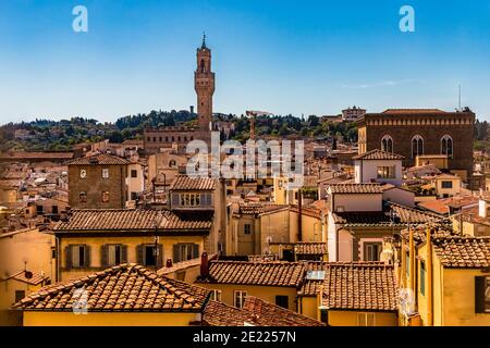 Beautiful panoramic rooftop view overlooking the historic centre of Florence with the popular Palazzo Vecchio in the middle, seen from the famous... Stock Photo