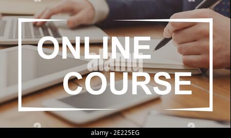 Unrecognizable businessman typing on laptop, having online course Stock Photo