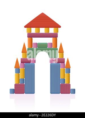 Portal, gate, thoroughfare built of wooden toy blocks. Many different natural wood elements - a typical childhood concentration game. Stock Photo