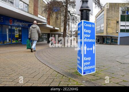 Yeovil, Somerset, UK.  11th January 2020.  A keep your distance sign in the Town Centre at Yeovil in Somerset during the Covid-19 lockdown. Picture Credit: Graham Hunt/Alamy Live News Stock Photo