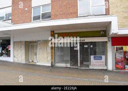 Yeovil, Somerset, UK.  11th January 2020.  Closed and empty shops in the town centre at Yeovil in Somerset during the Covid-19 lockdown. Picture Credit: Graham Hunt/Alamy Live News Stock Photo