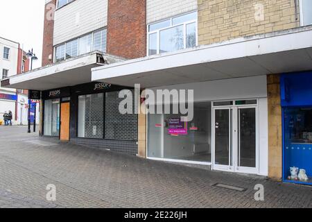 Yeovil, Somerset, UK.  11th January 2020.  Closed and empty shops in the town centre at Yeovil in Somerset during the Covid-19 lockdown. Picture Credit: Graham Hunt/Alamy Live News Stock Photo