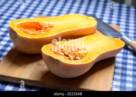 Butternut Squash, cut in half-Cucurbita moschata 'Butternut" Stock Photo