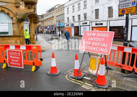 Yeovil, Somerset, UK.  11th January 2020.  Road closure for social distancing in the town centre at Yeovil in Somerset during the Covid-19 lockdown. Picture Credit: Graham Hunt/Alamy Live News Stock Photo