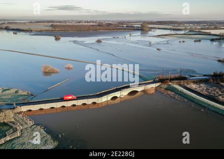 BUBWITH, YORKSHIRE, UK - JANUARY 7, 2021.  Aerial image of the Grade 2 listed bridge over the River Derwent at Bubwith in Yorkshire and the Vale of Yo Stock Photo