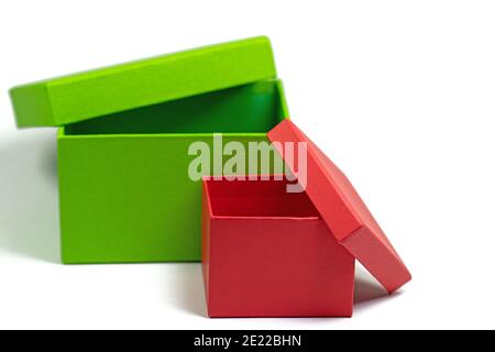 Empty cardboard boxes against white background Stock Photo