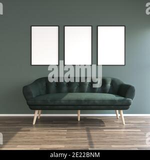Interior mockup. A three seater sofa a in front of a green wall. Hardwood floor. Three picture frame mockups on the wall. Stock Photo