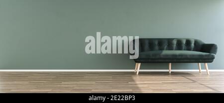 Interior mockup. A three seater sofa a in front of a green wall. Hardwood floor. Web banner format with copy space. Stock Photo