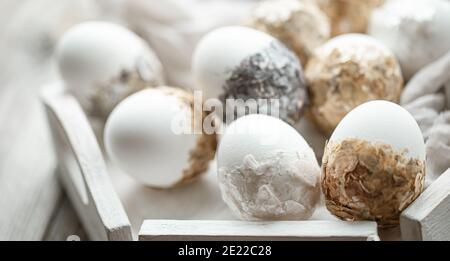 A set of beautifully decorated Easter eggs. Easter holiday concept. Stock Photo