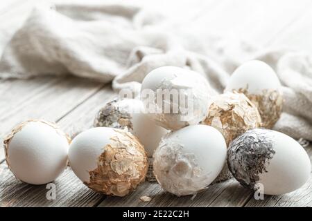 A set of beautifully decorated Easter eggs. Easter holiday concept. Stock Photo