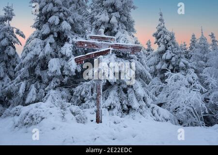 Snowy forest in winter in the Harz National Park, Lower Saxony, Germany. Typical wooden signpost for hiking trails. Stock Photo