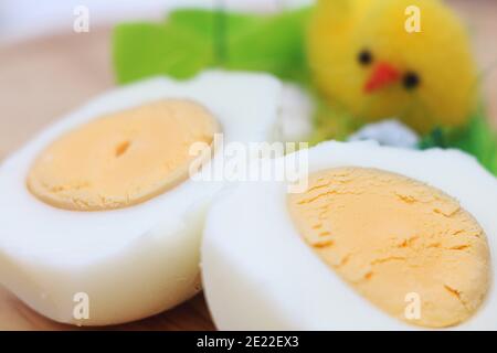 cooked boiled chicken eggs cut in half close-up Stock Photo