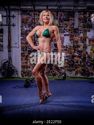 Lifestyle transformation coach and body builder Jo Morrison at her training gym in Hove, East Sussex, UK Stock Photo