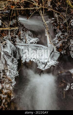 Close up of icicles near wild stream.Snowy winter scenery.Icicle in nature ice background.Cold slippery seasonal weather. Row of frosty icicles. Stock Photo