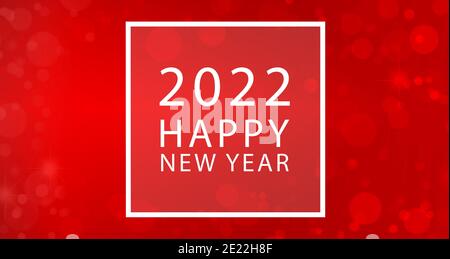 2022 Happy New Year text card with white frame and red defocused lights background.
