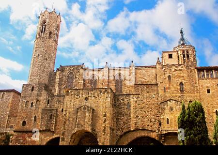 Medieval Tower of Santa Agata Chapel (also known as King's Chapel) and roman wall at Placa del Rei (King's Square), Barcelona, Spain Stock Photo