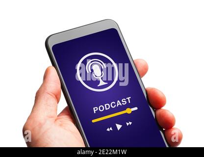 Hand Holding Smart Phone with Podcast Playing. Stock Photo