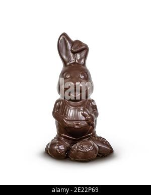 Chocolate Easter bunny and eggs isolated on white. Stock Photo