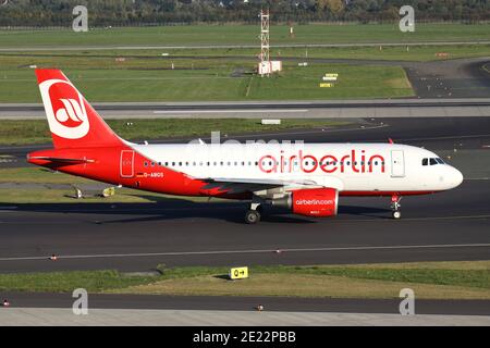 German Air Berlin Airbus A319-100 with registration D-ABGS on taxiway at Dusseldorf Airport. Stock Photo