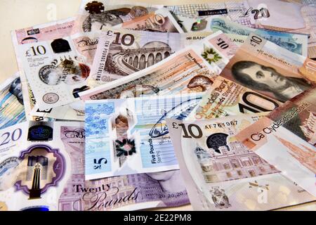 British money, pounds, English, Scottish, Irish paper notes Stock Photo
