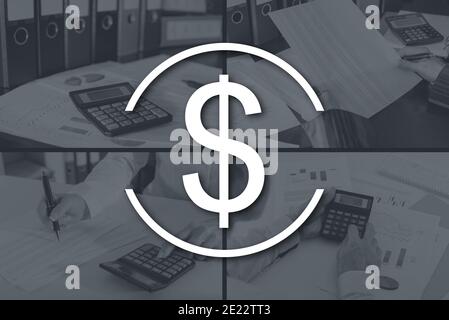 Banking concept illustrated by pictures on background Stock Photo