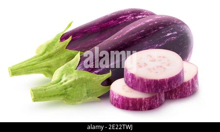Isolated cut eggplants. Two whole raw aubergines and three slices isolated on white background Stock Photo