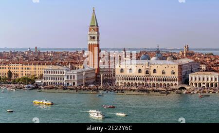 San Marco Basin - Aerial panorama of Venice skyline at waterfront of San Marco Basin, with San Marco Campanile standing in San Marco Square,  Italy. Stock Photo
