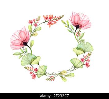 Watercolor round floral wreath. Circle arrangement of pink flowers, poppy, leaves. Card template with place for text. Isolated hand drawn banner for Stock Photo